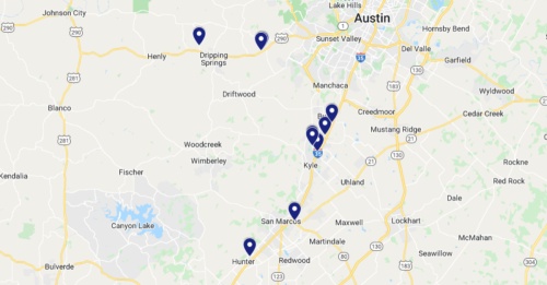 Google maps screenshot of hays county area in central texas with colorful locations marked where new commercial projects have been filed for construction or renovation by the texas department of licensing and regulation