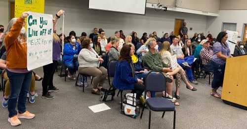 More than a dozen speakers urged the Round Rock ISD board of trustees to increase pay for educational assistants and paraprofessionals. (Brooke Sjoberg/Community Impact Newspaper)