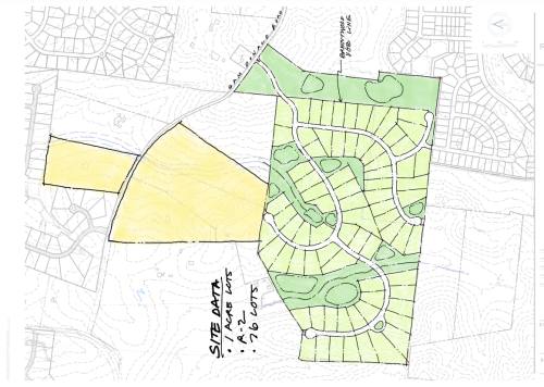 A sketch depicts a proposed 76-lot development planned for land the city of Brentwood is considering annexing. On March 28, the Brentwood City Commission voted 6-0 to consider the annexation of six parcels of land totaling 184 acres near the western edge of the city's urban growth boundary. (Martin Cassidy/Community Impact Newspaper)