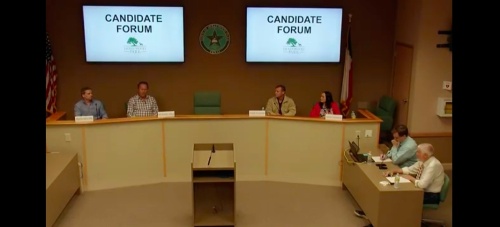 Hollywood Park mayoral candidate Sean Moore and City Council candidates (left to right) Michael Hall, Tood Kounse and Wendy Gonzalez appear in an April 4 candidate forum at City Hall. (Courtesy Town of Hollywood Park)