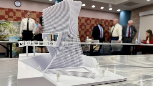 Architects working on future amenities at Northwest Community Park presented a 3D-printed model of a large tower now called a "prairie observation platform." The model depicts a protruding deck, which pedestrians can occupy and observe nature. (Matt Payne/Community Impact Newspaper)