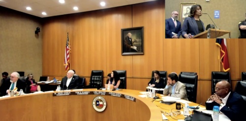 Vivian King, chief of staff for the Harris County District Attorney's Office, asks commissioners to fund open prosecutor positions. (Screenshot courtesy Harris County Commissioners Court)