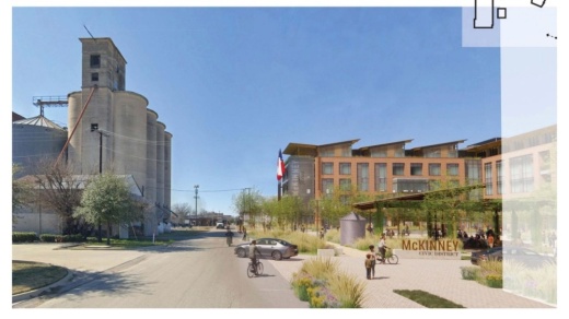 This composite photo and rendering shows where the silos are in relation to the future McKinney civic plaza. (Courtesy city of McKinney)