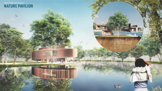 A key fixture planned for Frisco on the Green includes a large pavilion with a waterside lookout and deck. (Rendering courtesy Design Workshop Inc.)