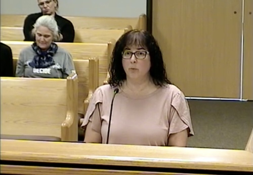 Montgomery County's new payroll director Phyllis Martin delivers a report on the payroll department at an April 12 commissioners court meeting. (Courtesy of Montgomery County live streaming)