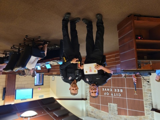 Bee Cave Police Chief Brian Jones and Senior Officer Stephen Moring at the April 12 city council meeting.