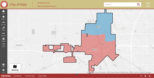 Per the city of Katy's website and GIS mapping tools, this map illustrates the current electoral districts of wards A and B. City Council enlisted legal aid from Bickerstaff Heath Delgado Acosta LLP to redistrict the boundaries of the wards to balance the population between them and comply with the federal "one person, one vote" rule. (courtesy City of Katy)