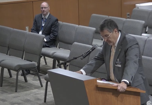 Conroe ISD Deputy Superintendent Chris Hines discussed the formation of a hybrid school at the April 19 board of trustees meeting. (Screenshot via Conroe ISD)