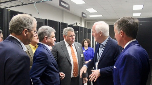 U.S. Sen. John Cornyn, right, and U.S. Rep. Michael McCaul, left, toured The University of Texas' Texas Advanced Computing Center April 18. (Ben Thompson/Community Impact Newspaper)
