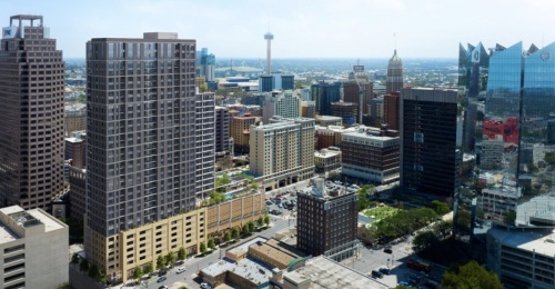 A rendering shows 300 Main (left), a new apartment tower being built at the corner of Travis and East Houston streets in downtown San Antonio with a multilevel parking garage and 6,275 square feet of ground-level retail space. (Rendering courtesy Weston Urban)