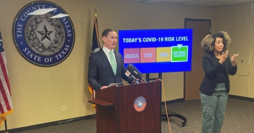 Dallas County Judge Clay Jenkins announced in a news conference April 22 that it has lowered its COVID risk level to green. (Jackson King/Community Impact Newspaper)