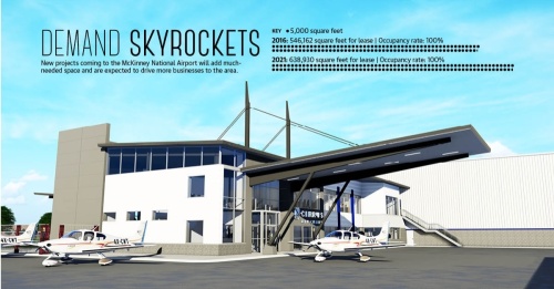 A new facility at the airport will expand Cirrus Aircraft's capacity with space for aircraft storage, service hangars and a two-story office. (Rendering courtesy McRight-Smith Construction)