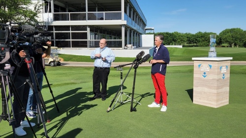 Clay Duvall, 2022 AT&T Byron Nelson tournament chair, discusses what people can expect from this year's tournament during an April 26 media preview. (Miranda Jaimes/Community Impact Newspaper)