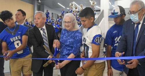 San Antonio ISD officials gather with Lanier High School students April 23 to celebrate the completion of campus improvements funded by the school district’s 2020 bond. SAISD board on May 2 approved the hiring of new Superintendent Jaime Aquino. (Courtesy SAISD)