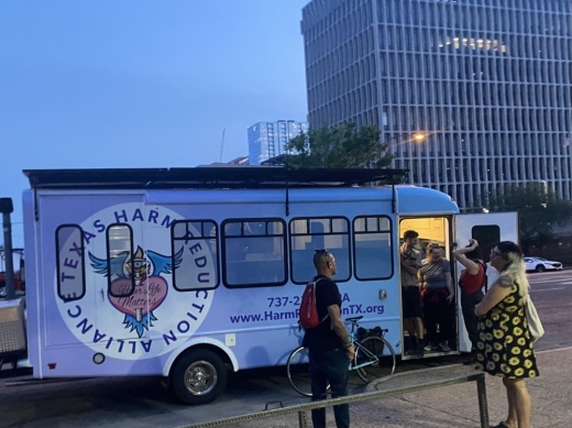 The Texas Harm Reliance Alliance brought their mobile care clinic, which was purchased with funds allocated by the city of Austin in 2018, to the town hall. (Darcy Sprague/Community Impact Newspaper)