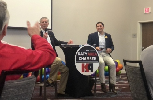 Katy Area Chamber President and CEO Matthew Ferraro (right) and Mayor-Elect Dusty Thiele had a discussion at the chamber's monthly membership meeting about Katy's strengths and challenges. (Asia Armour/Community Impact Newspaper)