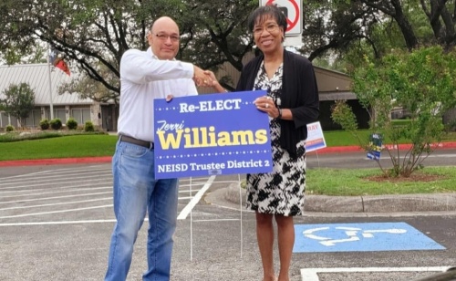 North East ISD District 2 Trustee Terri Williams gets support from Judson Independent School District Trustee Jose Macias during recent block-walking as part of Williams’s re-election campaign. Williams thwarted two opponents to hold onto her school board seat. (Courtesy Terri Williams)