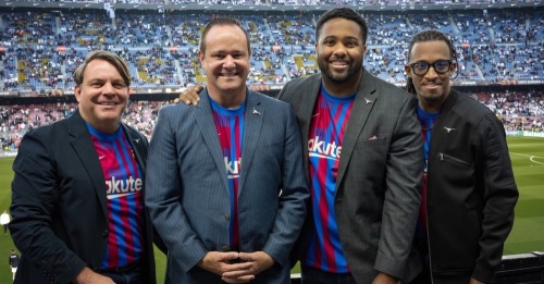 Fort Worth City Council members traveled to Spain in April to talk with FC Barcelona officials about bringing their brand of soccer to the city as part of a proposed multiuse stadium project. During the trip, Council Members (from left) Michael Crain, Cary Moon, Jared Williams and Chris Nettles attended a playoff match between Eintracht Frankfurt and Barcelona. (Courtesy Cary Moon)
