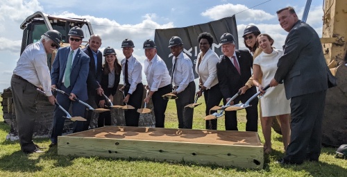 Axiom Space broke ground on its 400,000-square-foot facility at the Houston Spaceport on May 11. (Jake Magee/Community Impact Newspaper)