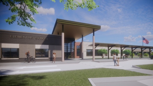 The entrance to McKinney ISD’s 22nd elementary school will face Sweetwater Cove in north McKinney. (Rendering courtesy McKinney ISD)