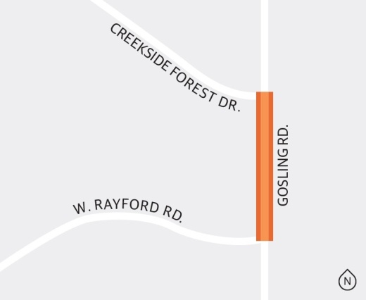 Gosling Road from West Rayford Road to Creekside Forest Drive will be upgraded to a four-lane concrete boulevard section for an estimated cost of $7.3 million, which will be funded by Harris County Precinct 3. (Ronald Winters/Community Impact Newspaper) 
