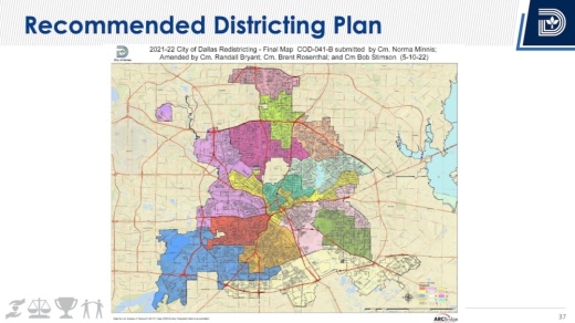 Council members on May 18 received an in-depth briefing on the recommended map and the monthslong process undertaken by the Dallas Redistricting Commission. (Map courtesy city of Dallas)