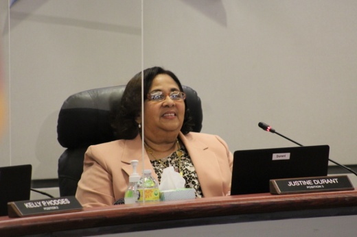 Spring ISD trustees approved teacher and employee raises for the 2022-2023 school year. Board President Justine Durant listens to a presentation during the board's April meeting. (Emily Lincke/Community Impact Newspaper)