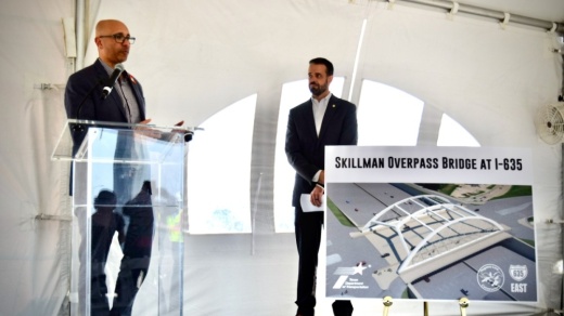 Mo Bur (left) with the Texas Department of Transportation and Dallas City Council Member Adam McGough were among officials celebrating the temporary Skillman Street bridge installation on May 19. The rendering in the photo depicts the future, permanent bridge, which will be complete in 2024. (Matt Payne/Community Impact Newspaper)