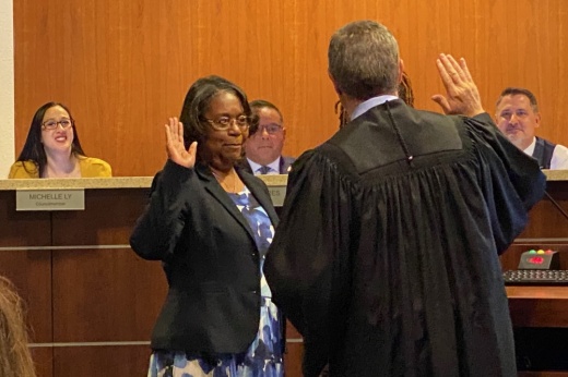 Round Rock City Council Members Hilda Montgomery and Rene M. Flores took their oaths of office May 26 following re-election. (Brooke Sjoberg/Community Impact Newspaper)