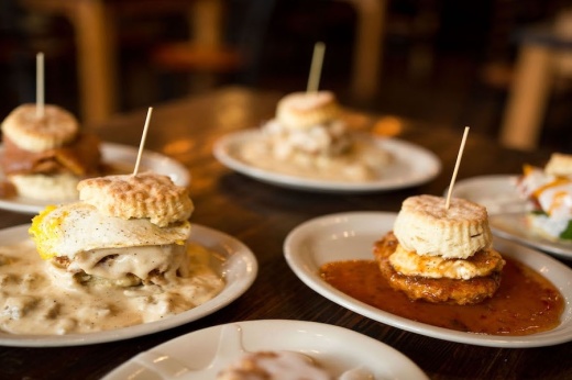 Meal with biscuits on wooden table