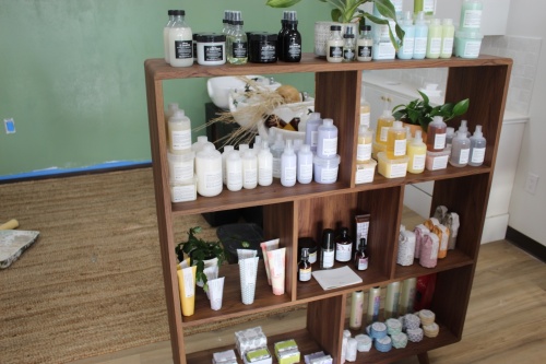 A display of assorted skin and hair care products at Wild Sage Studio which will open in Franklin on June 7. (Martin Cassidy/Community Impact Newspaper)