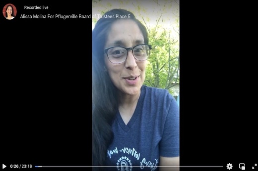 The PfISD board will hold a special meeting May 31 to accept Alissa Molina's resignation from Place 5. (Screenshot via Facebook Live)