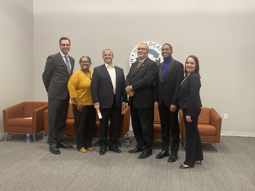 Austin Mayor Steve Adler and Travis County Commissioner Jeff Travillion joined Workforce Solution officials to announce the Hire Local plan. (Darcy Sprague/Community Impact Newspaper) 