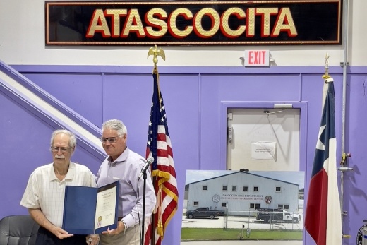 From left: John G. Coyle stands with state Rep. Dan Huberty, R-Houston, at the May 31 building dedication ceremony. (Courtesy Atascocita Fire Department)