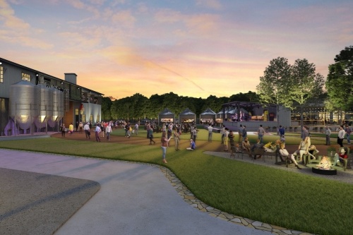 The grain bin business stalls can be seen in the background of this rendering, which shows the concept for the new Tupps Brewery site in McKinney. (Rendering courtesy Tupps Brewery)