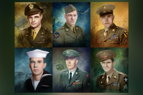 These six portraits will be added to the Collin County Courthouse as part of the North Texas Fallen Warriors Portrait Project. From left to right they are Jerral Derryberry, Jasper T. Smith, Harold L. Derryberry, Gynn Anderson, Martin L. Rodgers and Howell L. Lacy. (Courtesy Collin County Freedom Fighters)