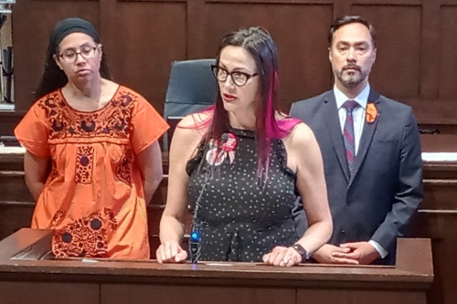 Linda Magid, a leader with Bexar County Moms Demand Action, speaks during a June 3 press conference at the county courthouse, joining local elected leaders' calls for tighter gun control and other measures to best respond to gun violence. In the background are Precinct 1 County Commissioner Rebeca Clay-Flores and District 20 U.S Rep. Joaquin Castro, D-San Antonio. (Edmond Ortiz/Community Impact Newspaper)