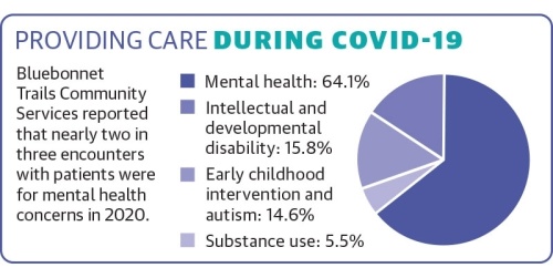 More than two-thirds of services Bluebonnet Trails Community Services provided in 2020 were for mental health, according to the Williamson County 2022 Community Health Assessment. (Graphic by Alissa Foss/Community Impact Newspaper)