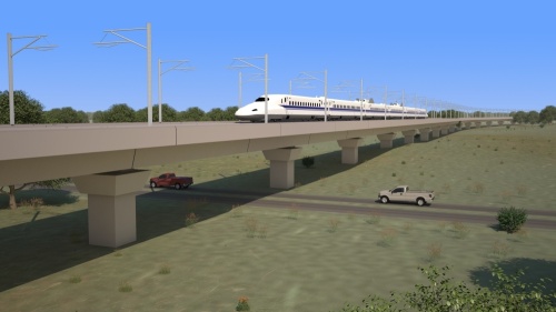 Texas Central originally planned to break ground on a high-speed railway from Houston to Dallas in late 2021. The groundbreaking remains delayed. (Rendering courtesy Texas Central)