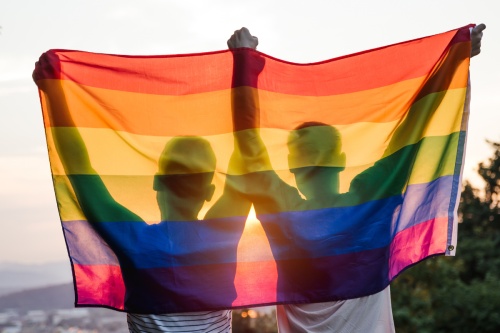 two men holding up a rainbow flag