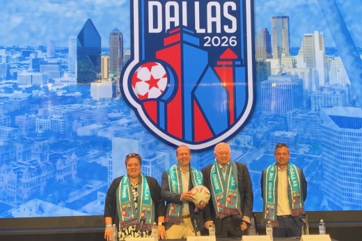 From left: Monica Paul, executive director of the Dallas Sports Commission; FC Dallas President Dan Hunt; Dallas Cowboys owner Jerry Jones; and FC Dallas coach Nico Estévez held a press conference following the 2026 FIFA World Cup announcement. (Brooklynn Cooper/Community Impact Newspaper)