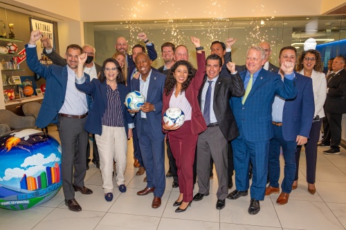 City and county official celebrate Houston's winning bid to host the 2026 FIFA World Cup. (Courtesy of Harris County Houston Sports Authority)