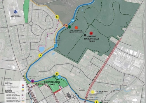 A city map showing the route of a prospective greenway and riverfront trail through the Park at Harlinsdale Farm. (Courtesy City of Franklin) 