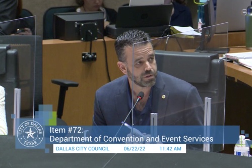 District 10 Council Member Adam McGough also serves as chair of the Public Safety Committee. He spoke in favor of the new ordinance over promoted events during a Dallas City Council meeting on June 22. (Screenshot courtesy city of Dallas)