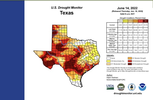 As drought conditions worsen in Texas's Gulf area, the city of West University Place is asking residents to conserve water. (Courtesy U.S. Drought Monitor)