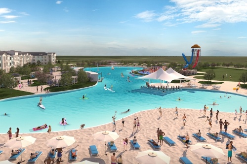 Saint Tropez will feature resort-style amenities including a manmade lagoon with white sand beaches where residents will be able to enjoy paddle boarding, kayaking, a swim-up bar, a FlowRider surf simulator, a waterslide tower, a playground, cabanas, a soundstage and a splash park. (Rendering courtesy Megatel Homes LLC)