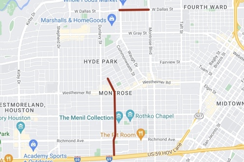 The road improvements to West Dallas Street and Mandell Street were announced during a June 27 Montrose Tax Increment Reinvestment Zone meeting. Construction could start as early as summer 2023. (Screenshot Google Maps)
