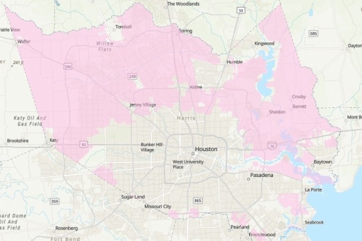 Unincorporated areas of Harris County, shown in pink, are subject to a burn ban starting June 28. (ArcGIS map courtesy HCPID A&E)