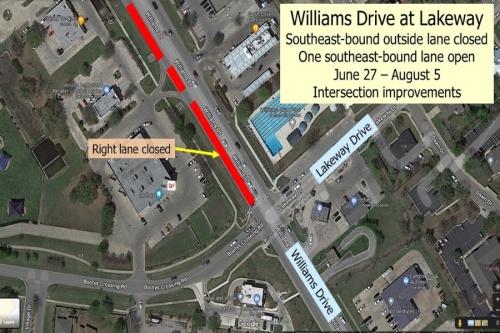 The southeast-bound lane of Williams Drive at the Bootys Crossing intersection is closed until Aug. 5. (Courtesy city of Georgetown)