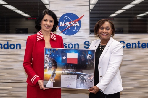 UH System Chancellor Renu Khator (left) and Johnson Space Center Director Vanessa Wyche on June 10 at the Johnson Space Center and The University of Houston System Space Act Agreement Signing Ceremony. (Courtesy University of Houston)